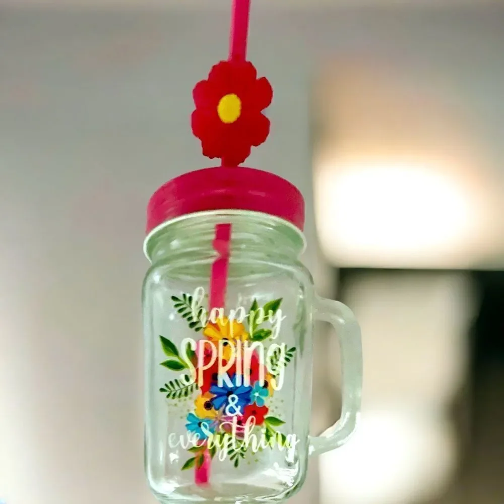 Happy Spring & Everything l Hand-painted l 16 oz. l Mason Jar l Decorative Straw